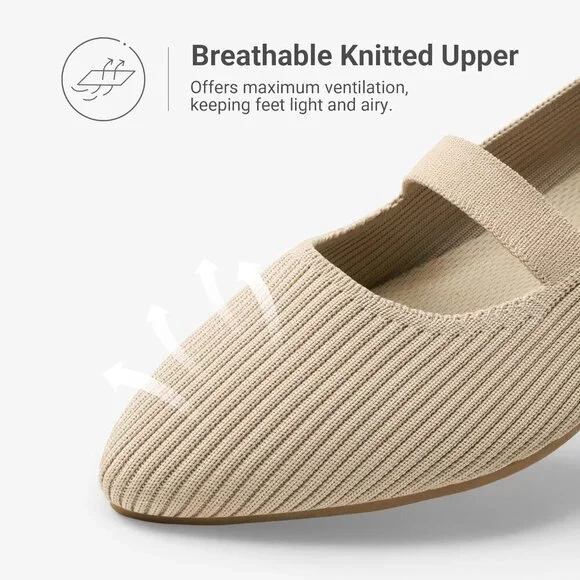 Women's Nude Knit Ballet Pointed Toe Comfortable Dressy Mary Jane Flats Shoes - Picture 6 of 8